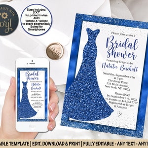 Bridal shower Invitation - Royal Blue Wedding Dress Invite - Bachelorette Invitation Template