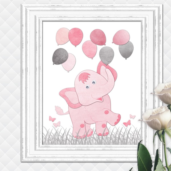 Elephant Nursery art kids room wall decor print baby girl wall decoration newborn grey pink baby shower gift toddler artwork digital poster