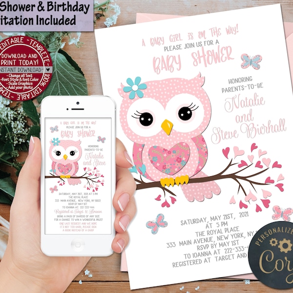 Owl Baby Shower Invitation pink turquoise baby girl birthday Invite owl baptism invite smartphone mobile phone editable template