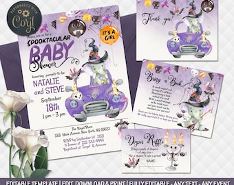 Halloween Baby Shower Einladung Elefant Auto Hexenhut Fledermäuse Bearbeitbare Einladung Mädchen Junge Geburtstag Einladung