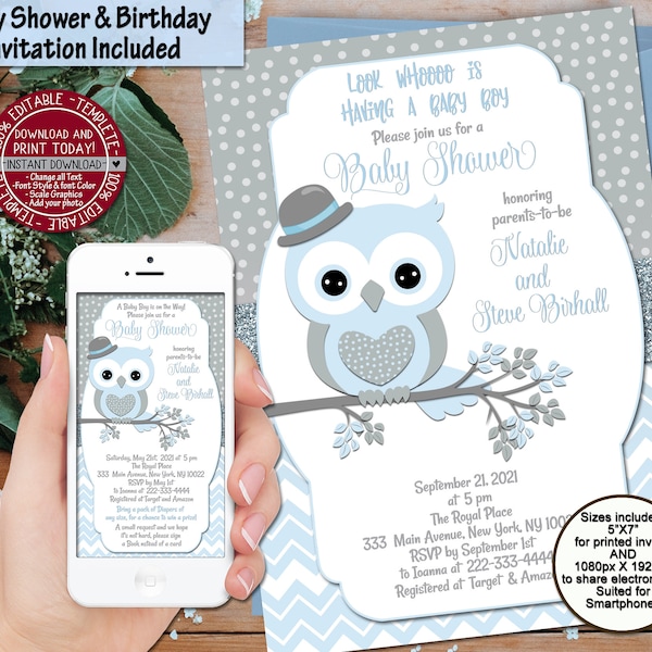 Owl baby shower invitation blue grey birthday party invite for baby boy digital custom wording printable invite chevron polka dot little man