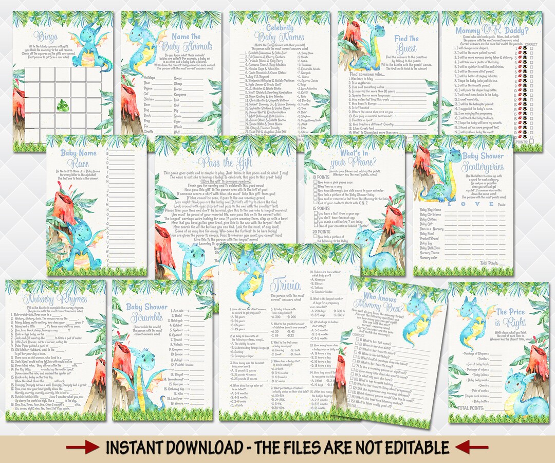 Dragons Baby Shower Games Package Nursery Rhyme Celebrity Bingo Quiz ...