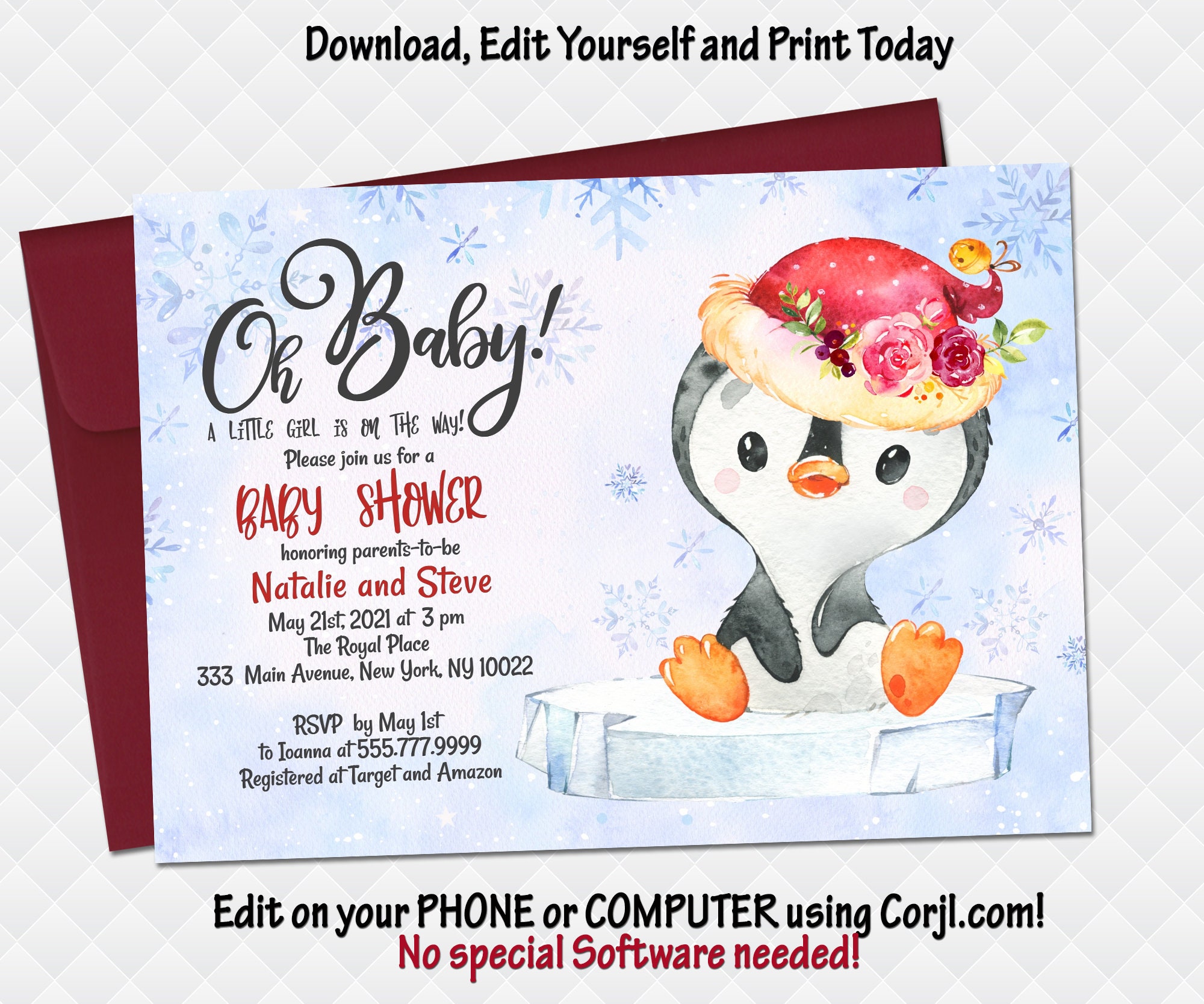 Penguin Baby Shower Invitation Girl Arctic Animals Winter Etsy