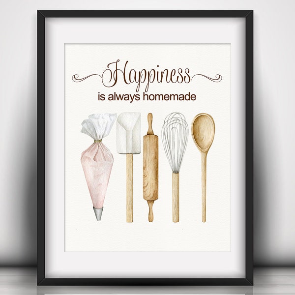 Kitchen Sign Happiness is Homemade Printable Farmhouse decor Home wall art Kitchen watercolor artwork decoration poster mommy granny gift