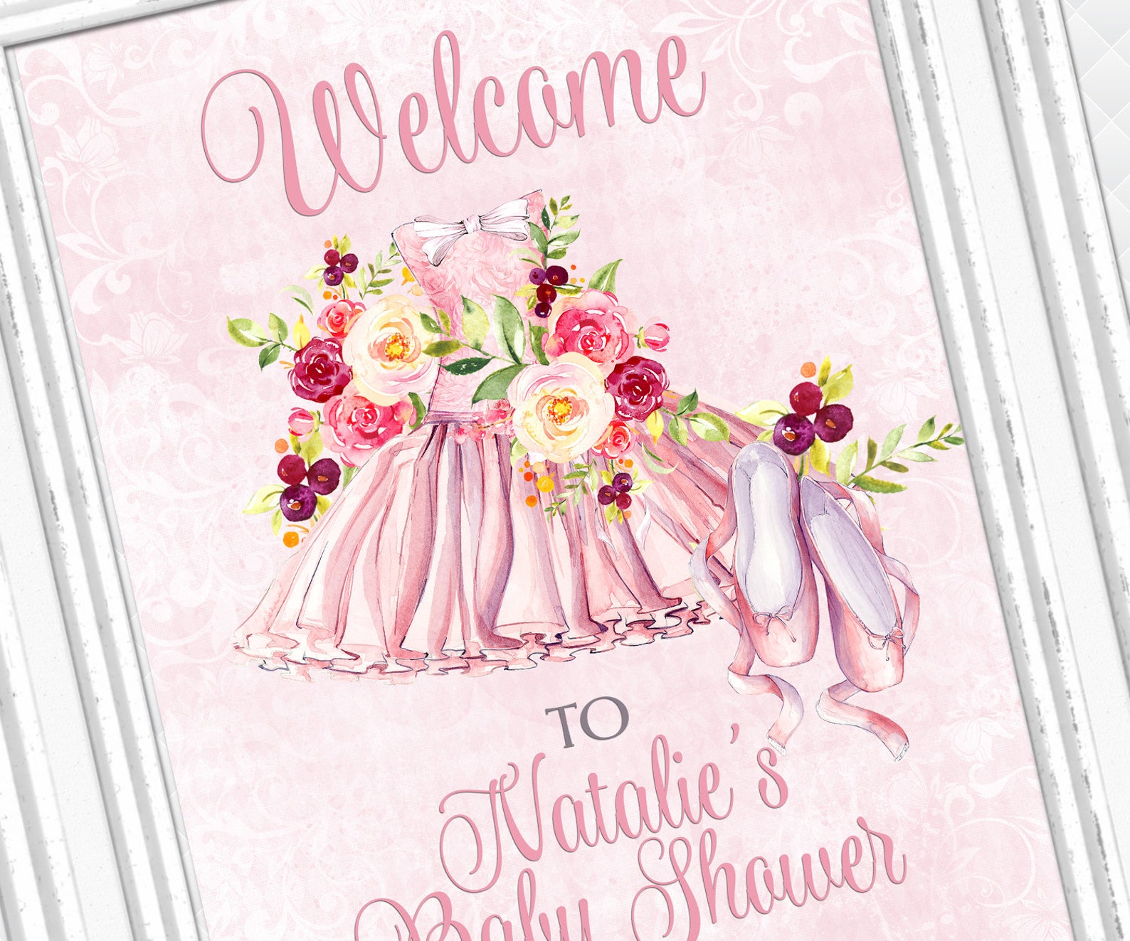 ballerina baby shower welcome sign floral pink roses ballet shoes welcome poster tutu welcome to baby shower signs sign for baby