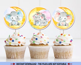 Twin Elephant boy girl Baby Shower cupcake toppers baptism birthday round tags thank you party bag décor table decoration over the moon tags