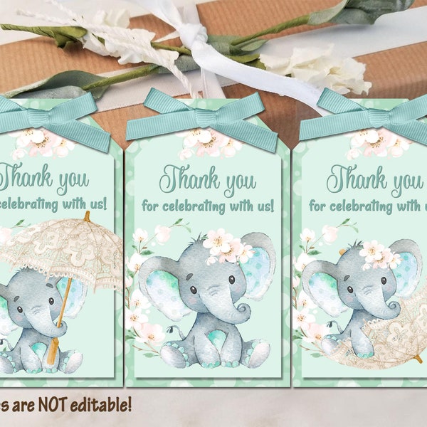 Mint elephant Baby Shower tags birthday DIY set of tags white sakura cherry blooms party bag décor table decoration guests gift tag labels