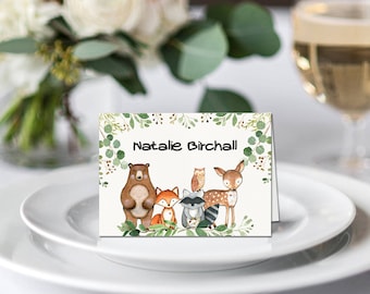 woodland Baby Shower tented place cards forest animals DIY guests name party décor fox table decoration owl double sided deer food labels
