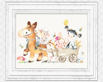 Farm animals nursery wall decor kids artwork neutral wall art horse cow sheep piglet print baby shower gift toddler girl boy room decoration