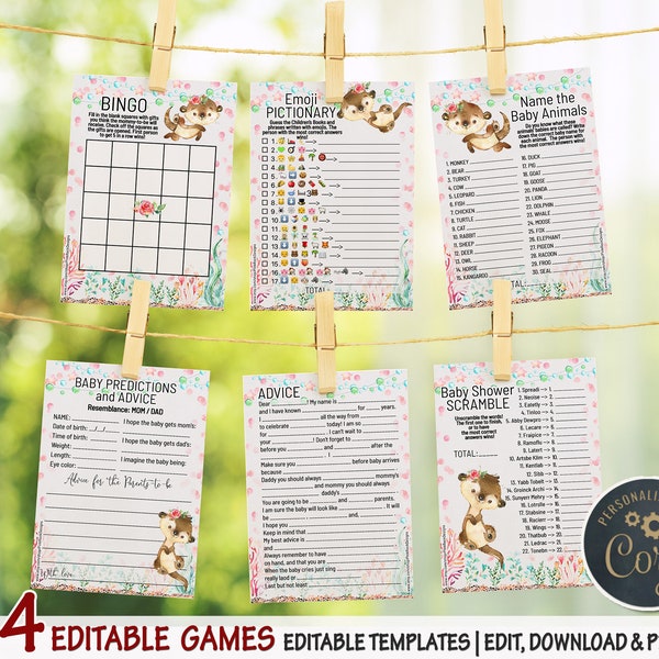 Otter Baby Shower Games Package - 44 Editable Games