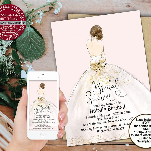 Bridal shower invitation white wedding dress invite mobile phone electronic bachelorette evite template pink white bride invitation