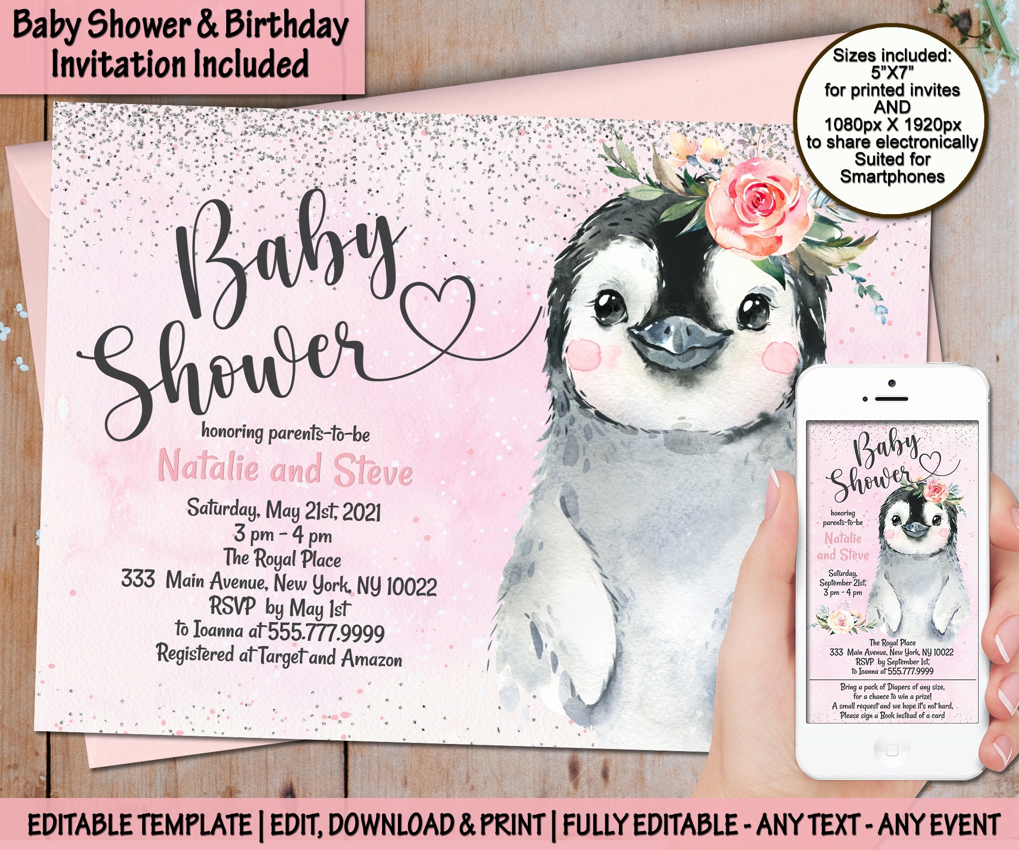 Pink Penguin Baby Shower Invitation girl Arctic animals Winter Etsy
