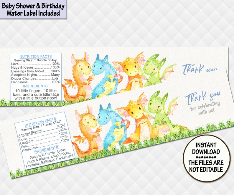 Dragons Water Bottle Labels Baby Shower Water Stickers Jungle Etsy