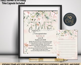 Baby Shower Birthday Time Capsule Sign & cards Blush pink roses Wishes for baby girl Table Sign decoration activities for guest keepsake