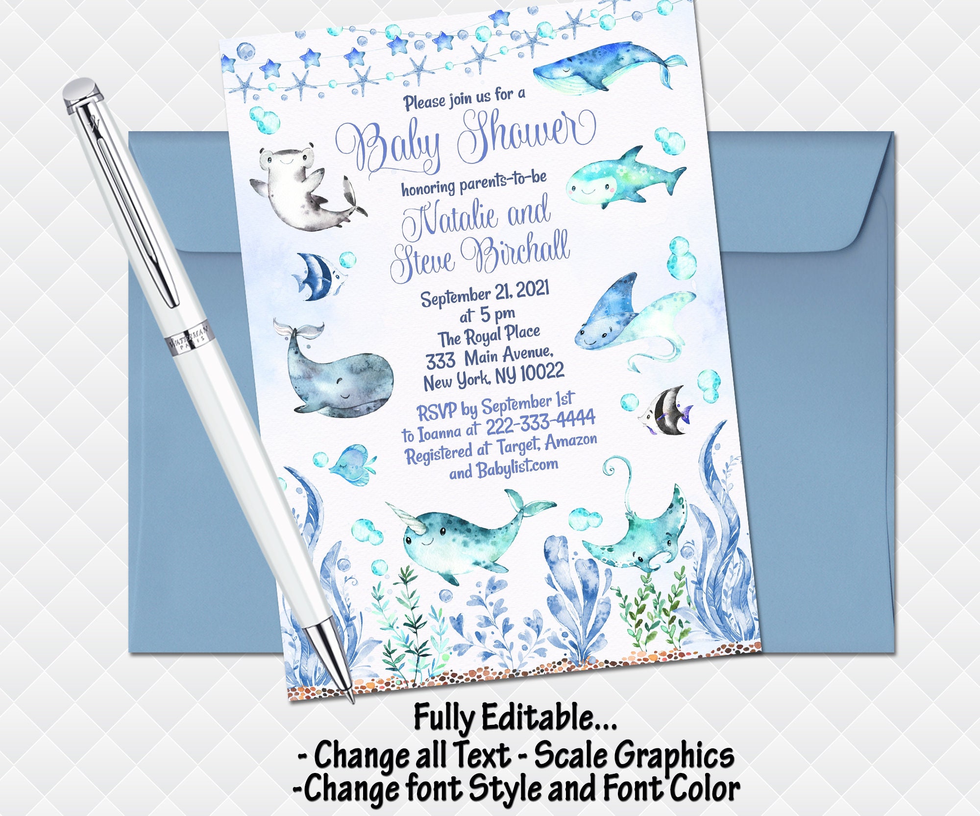 Under the Sea Baby Shower Editable Invitation Set Boy Invite Etsy