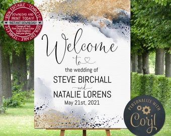 Wedding Welcome Sign navy blue gold watercolor Welcome Poster editable digital welcome sign wedding Decoration wedding print