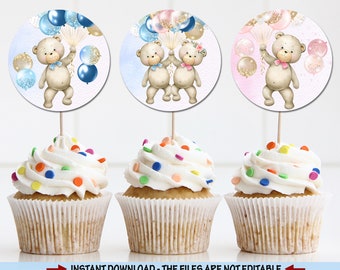 Twin Gender Reveal Baby Shower Cupcake Toppers - Teddy Bear Round Thank you Tags - Twins Birthday, Baby Shower, Baptism Tags