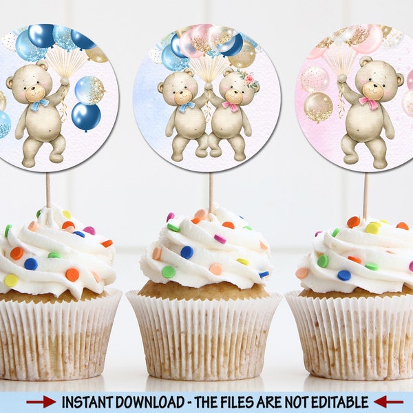 Twin Gender Reveal Baby Shower Cupcake Toppers - Teddy Bear Round Thank you Tags - Twins Birthday, Baby Shower, Baptism Tags