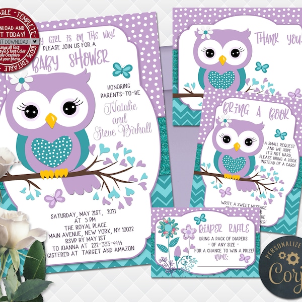 Owl Baby Shower Invitation girl birthday Invite with Inserts purple turquoise teal Diaper Raffle ticket Bring A Book Thank you card editable