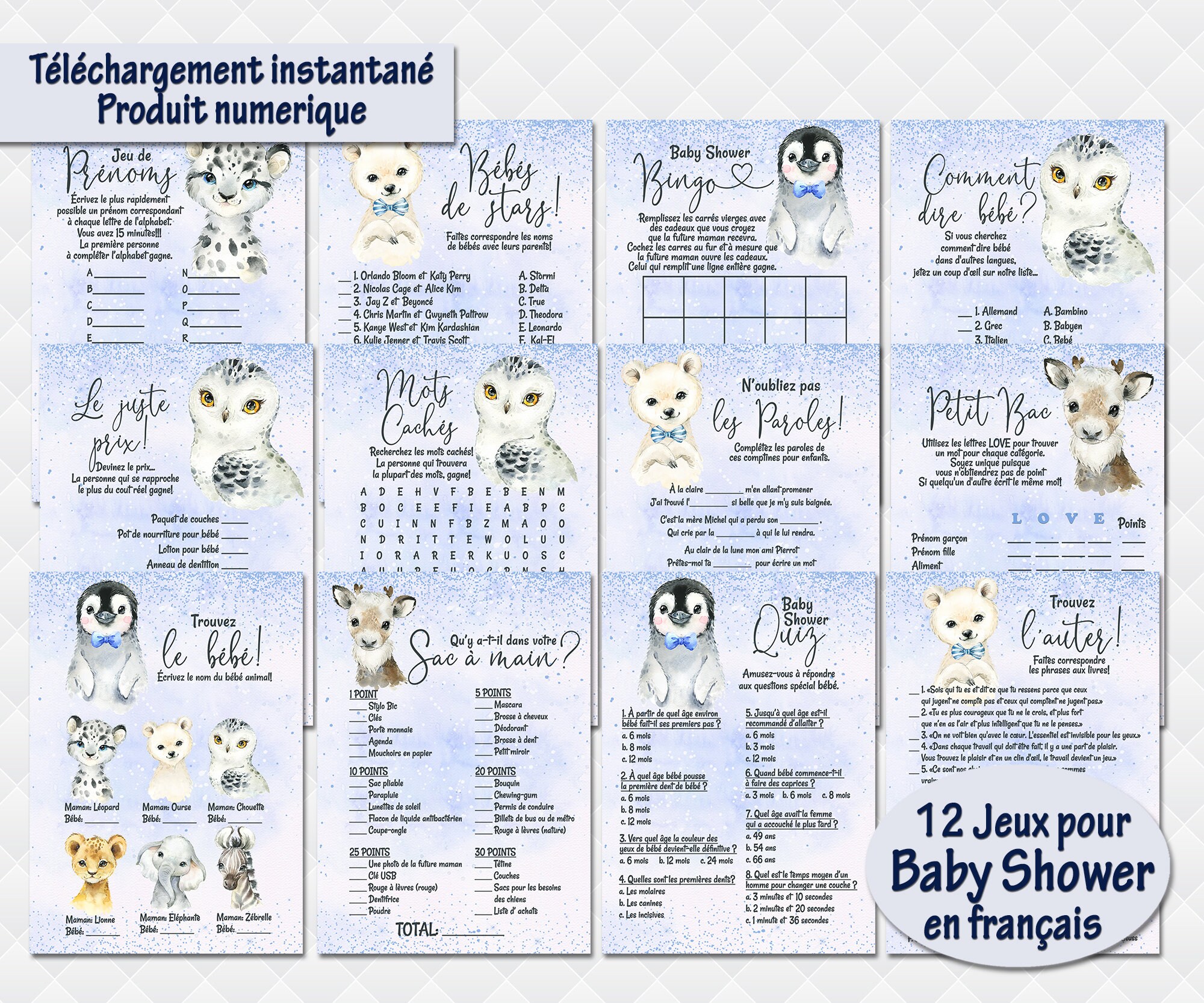 12 Jeux Baby Shower En Francais Pingouin Quiz Le Juste Prix Etsy