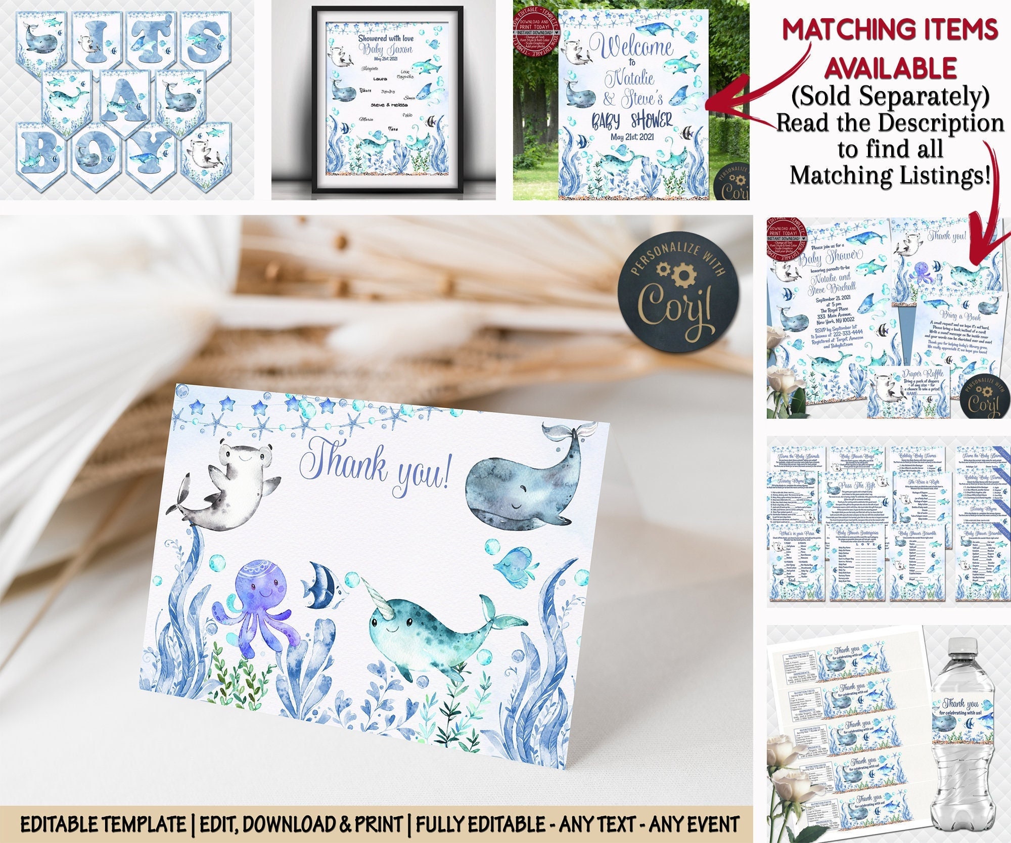 Under the Sea Thank You Editable Ocean Thank You Cards Tented Etsy