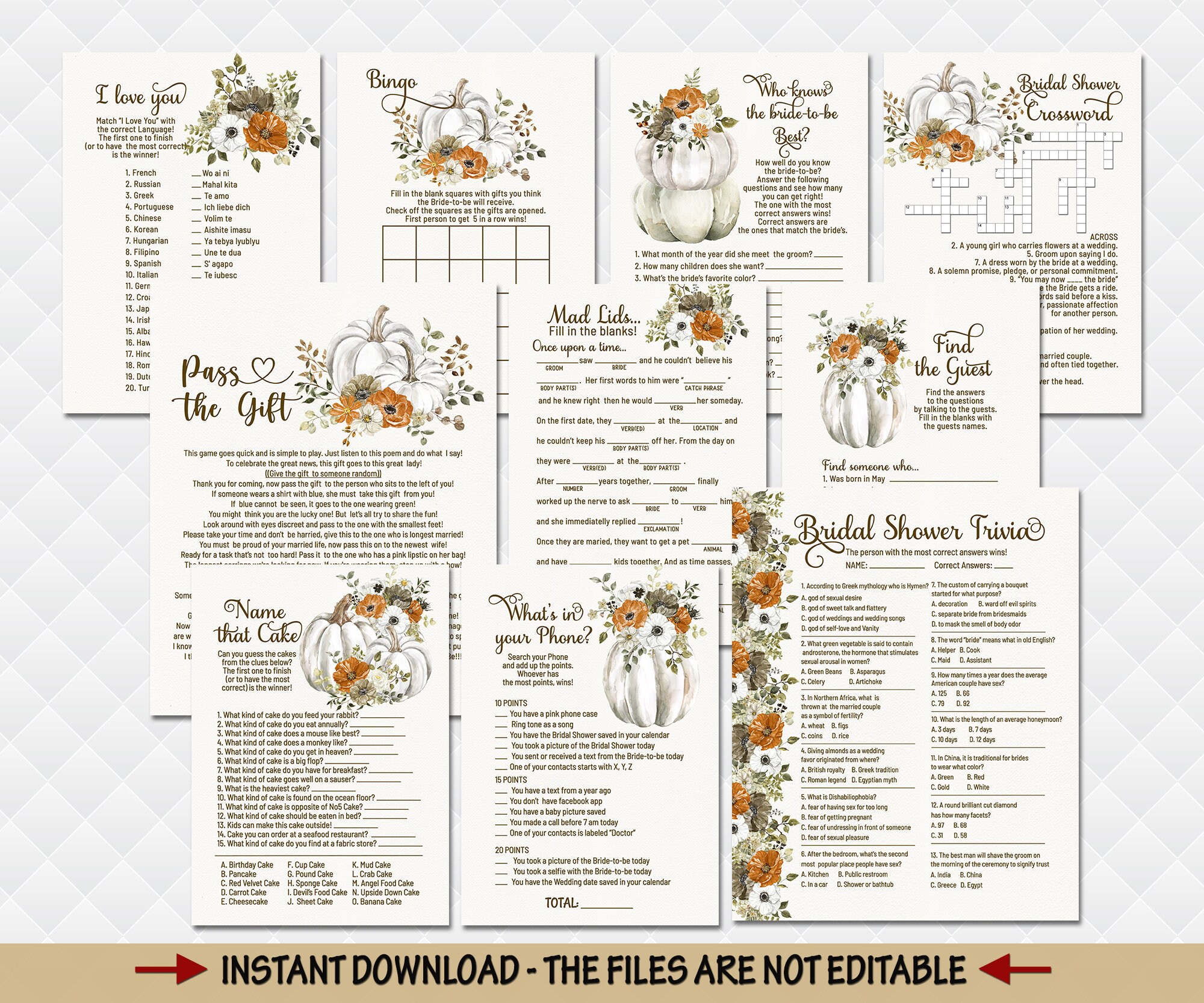 Pumpkin Bridal Shower Games Package Trivia Pass the Present I - Etsy