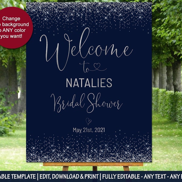 Glitter Bridal Shower Welcome Sign - Navy Blue Silver  Welcome Poster - Baby Shower, Birthday party  Decoration Sign