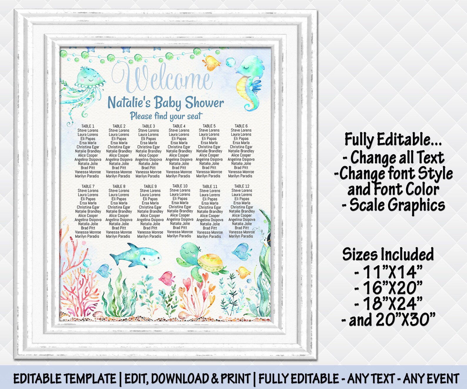 Under the Sea Seating Chart Template Editable Oceans Seating Chart Sign