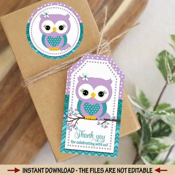 Owl Tags Purple teal owl cup cake toppers owl Labels baby girl shower tags birthday tags favor tags gift bag tags