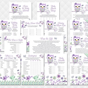 Purple Owl baby shower games package Bingo What's in Your Purse Quiz animals activities for the guests Celebrity Nursery Rhyme game pack