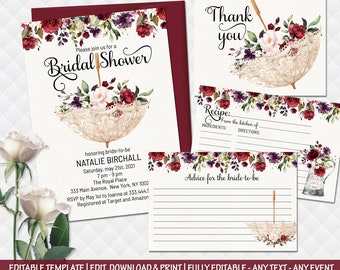 Umbrella bridal shower invitation pink red burgundy peonies editable wedding bachelorette roses advice for bride recipe thank you cards