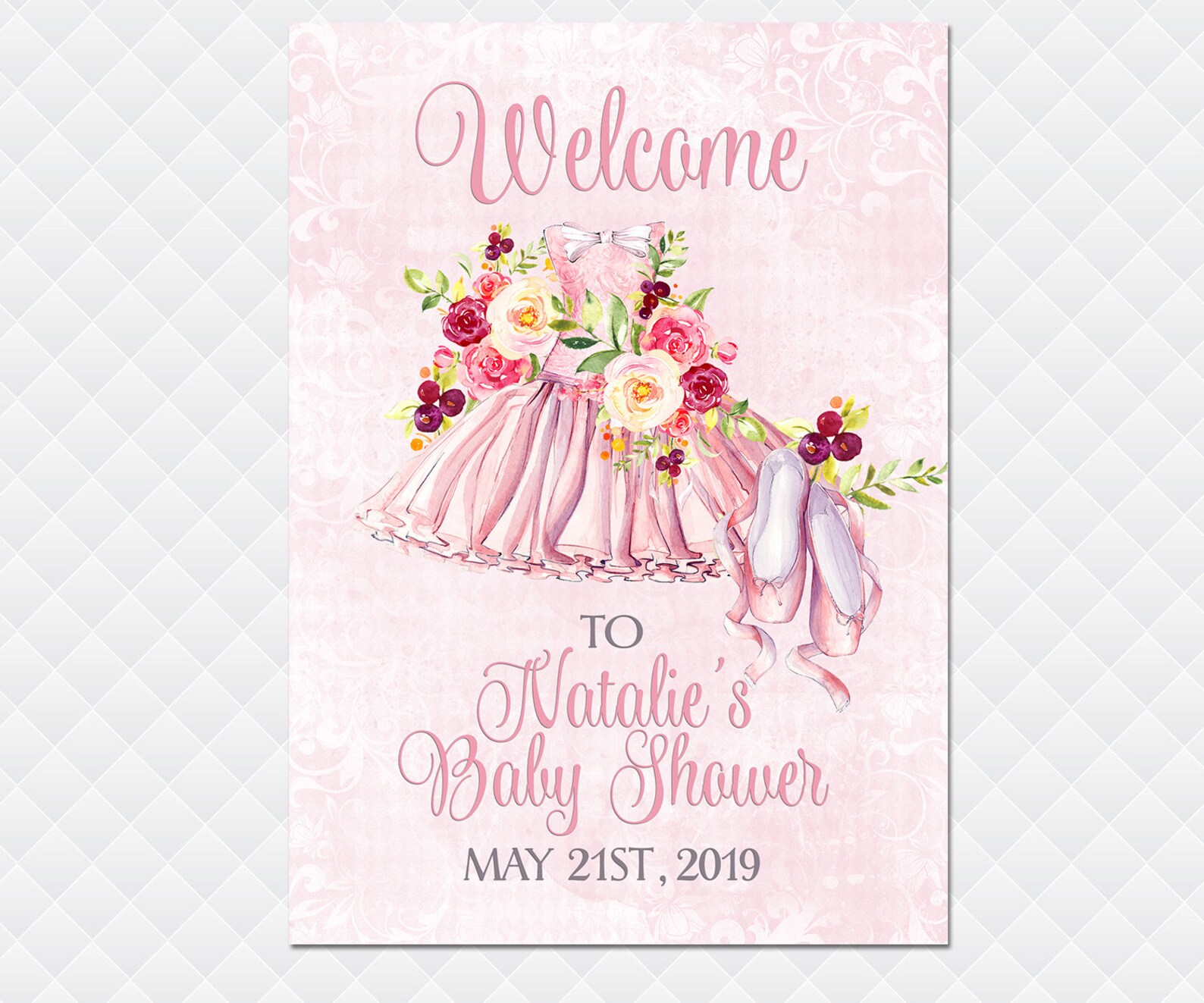ballerina baby shower welcome sign floral pink roses ballet shoes welcome poster tutu welcome to baby shower signs sign for baby