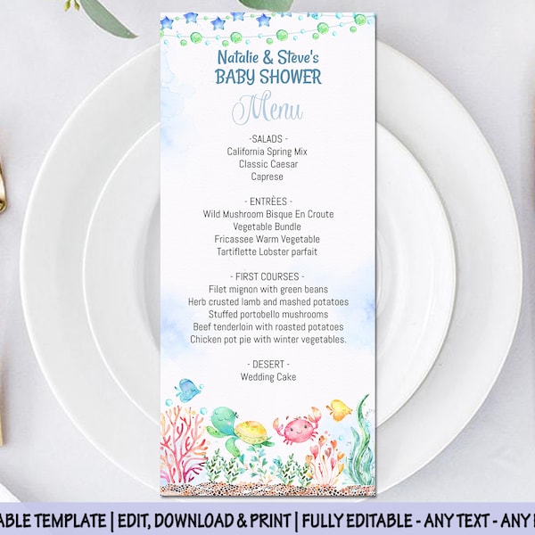 Baby Shower menu cards under the sea birthday dinner menu baptism party menus reception table decoration editable digital menu cards