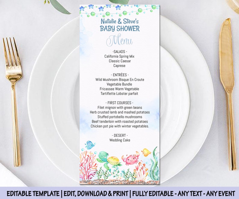 Baby Shower menu cards under the sea birthday dinner menu baptism party menus reception table decoration editable digital