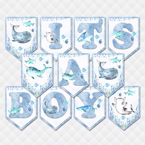 Under the sea banner It's a boy sign baby shower decoration toddler wall letters bunting ocean creatures blue grey custom digital banner