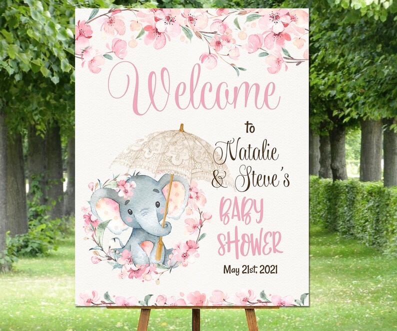 Elephant baby shower Welcome White umbrella Sakura Cherry blossoms spring pink baby girl birthday baptism sign decoration decor
