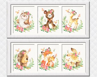 Woodland Nursery art print floral Forest animals wall decor girl room decoration baby shower gift forest  bear Hedgehog bunny fox owl deer