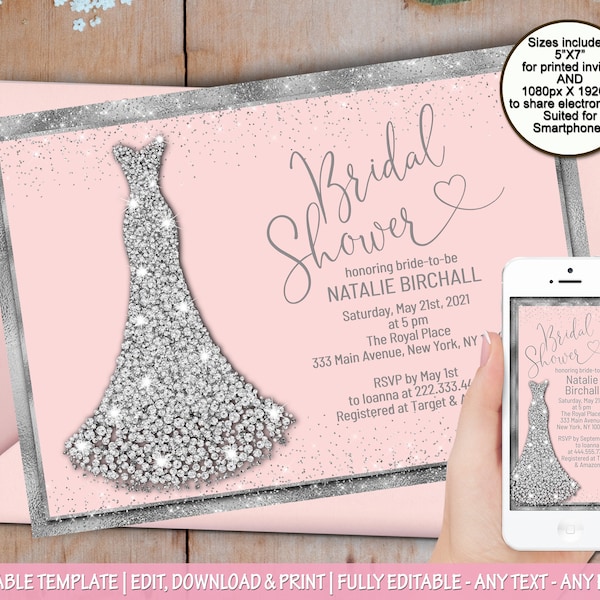 Bridal shower invitation diamond wedding dress invite mobile phone electronic bachelorette evite template pink silver bridal invitation