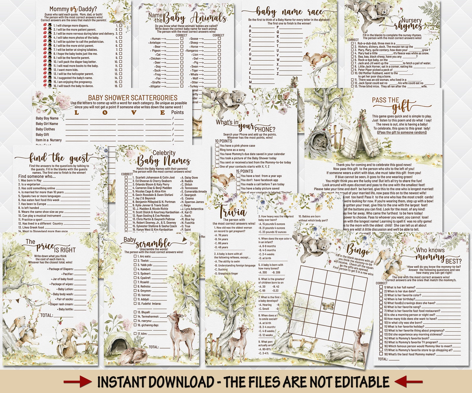 Woodland Teepee Baby Shower Games Forest Animals Nursery Rhyme Etsy