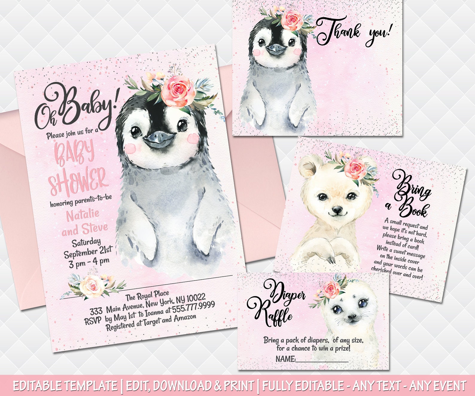Pink Penguin Baby Shower Invitation Girl Arctic Animals Snow Etsy