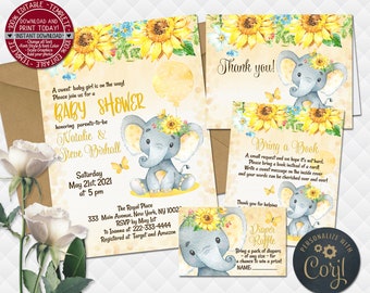 Elephant Sunflowers baby shower invitation set baby girl invite yellow Diaper Raffle ticket thank you bring a Book insert editable template