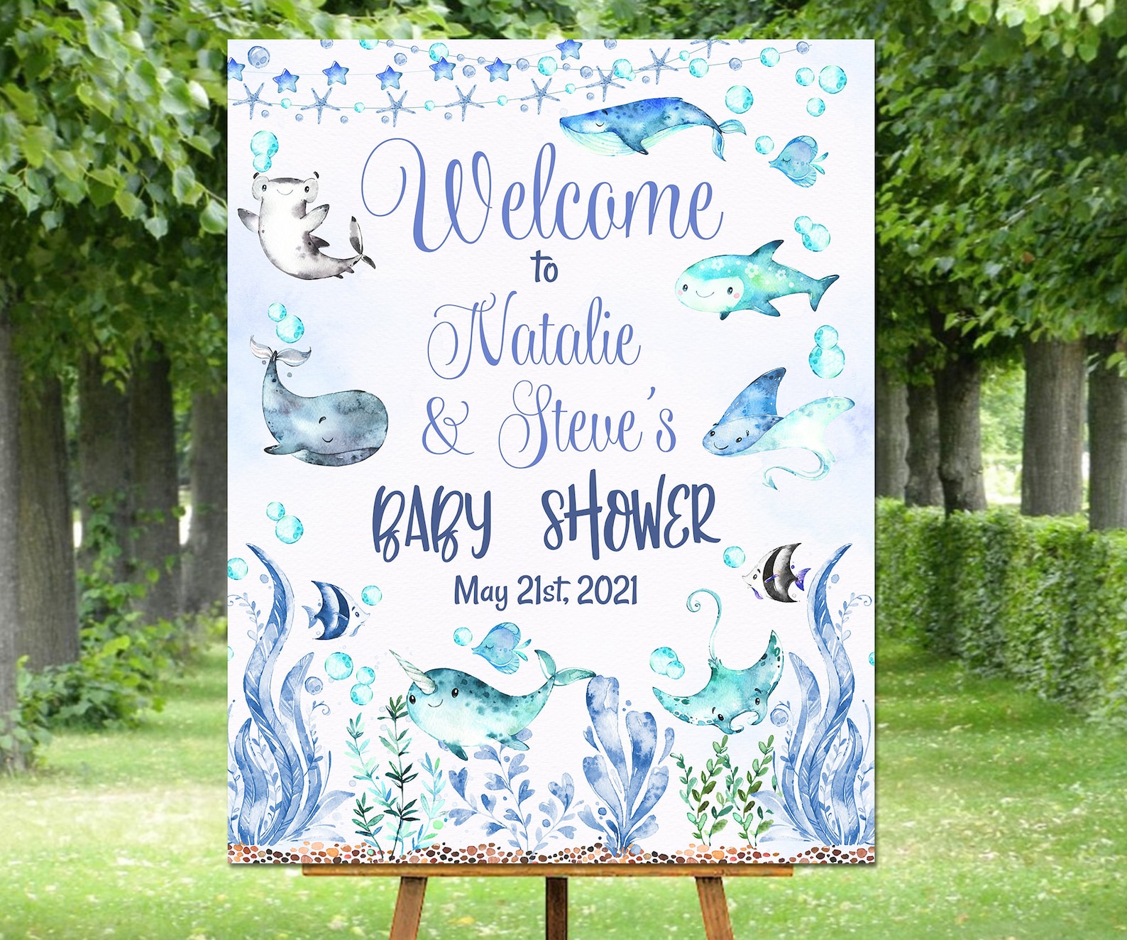 Under the Sea Baby Shower Sign Blue Grey Birthday Etsy