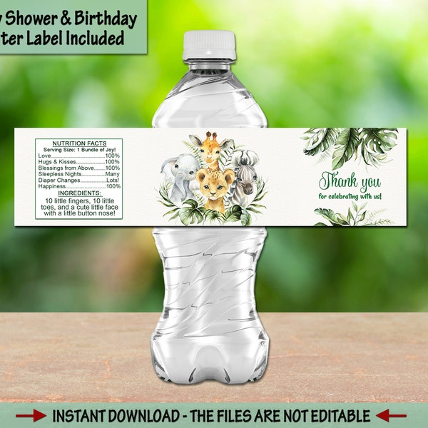 Safari animals water Bottle Labels baby shower birthday water stickers jungle Bottle Wrappers lion elephant giraffe Favor bottle wrappers