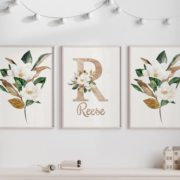 Floral nursery wall art name decor boho magnolia wall prints baby girl name poster newborn artwork baby shower gift white brown  typography