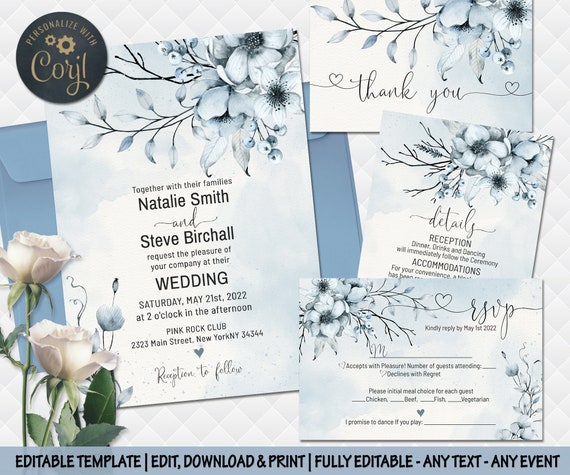 Juego de invitaciones de boda flores azules editables Invite - Etsy España Juego de invitaciones de boda flores azules editables Invite - Etsy España