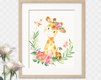 Giraffe Nursery art kids room decor safari animals print pink baby girl wall decoration newborn shower gift toddler artwork digital poster