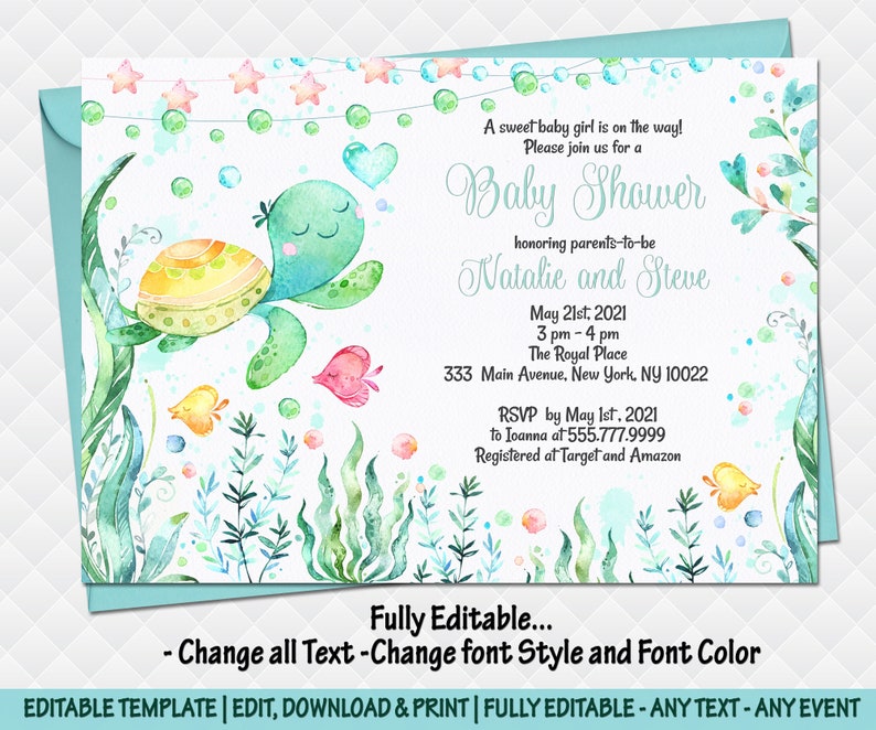 Under the Sea Baby Shower Printable Invitation Set Girl Invite Etsy