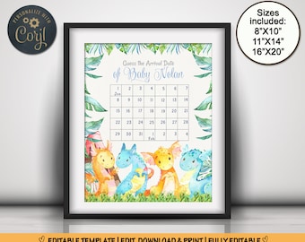 Dragons baby shower Guess baby birthday calendar Due Date Calendar poster guess the due date Game blue baby predictions calendar