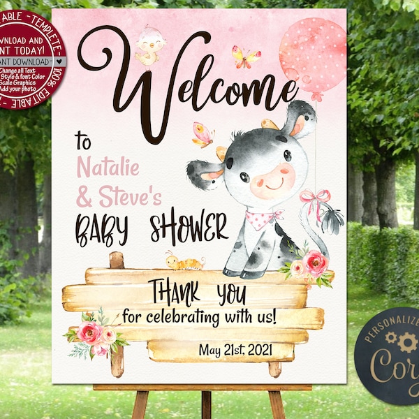 Farm animals Baby Shower Welcome Sign Cow Poster Welcome to baby shower Signs Birthday Baptism welcome print Custom baby shower welcome