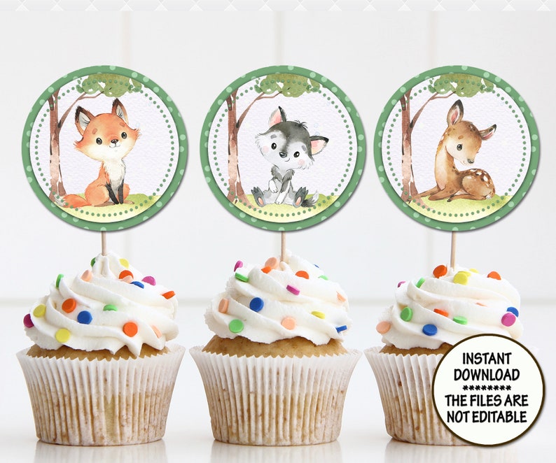 Woodland Baby Shower cake toppers Birthday round tags fox deer thank you DIY set of tags party bag dcor table decoration